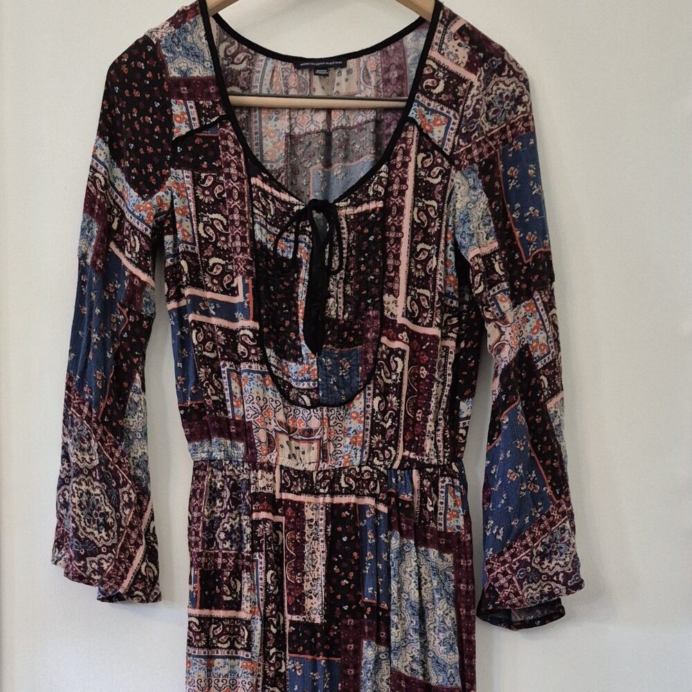 American Eagle M Bell Sleeve Patchwork Maxi Dress Slit Hippie Boho Festival 70s